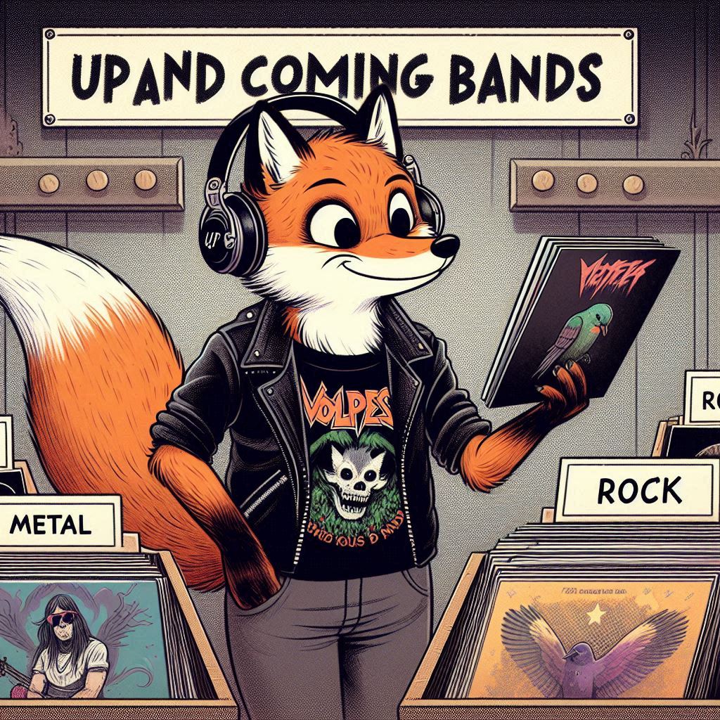 A fox holding a vinyl cd in a shop. There is a sign reading up and coming bands in the background and headings reading metal and rock in the foreground.