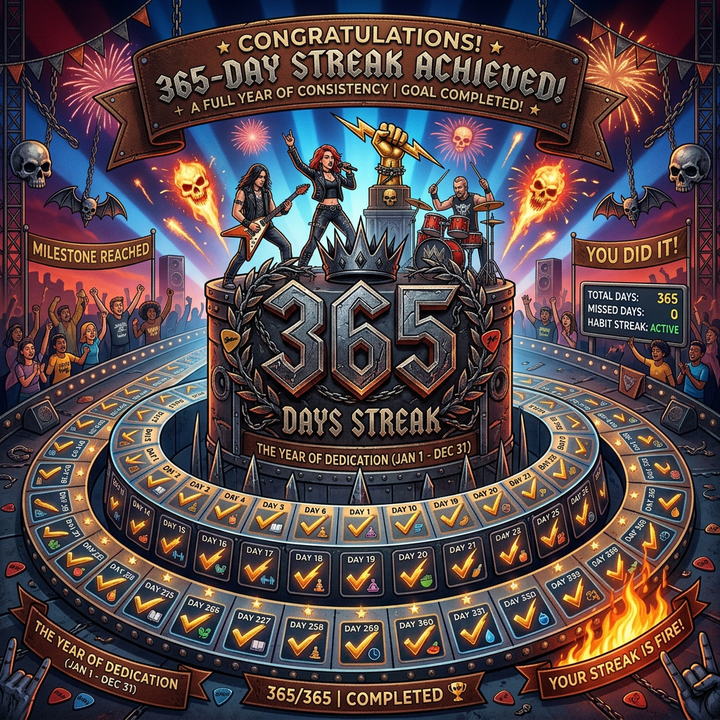 Graphic celebrating a 365-day streak achievement with people cheering, fireworks, and a calendar with check marks for each day.
